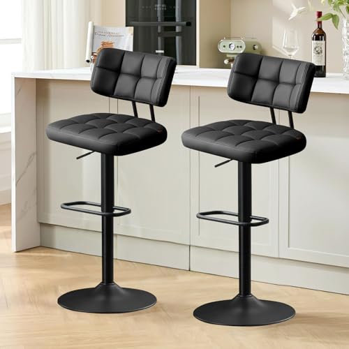 Ckaff Barhocker 2er Set, Barstuhl höhenverstellbar aus PU-Leder, 360°Drehstuhl Küchenstuhl mit Rückenlehne und Fußstütze für Küche, Wohnzimmer, Esszimmer, Schwarz