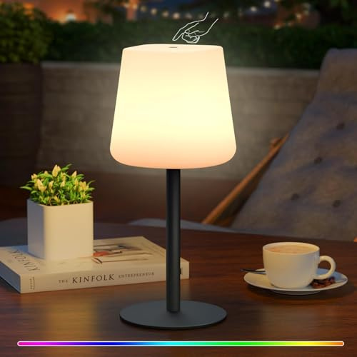 MALUX LED Akku Tischlampe, Kabellose Tischlampe mit 8 Farben Dimmbar, Tischleuchte Outdoor, IP44 Wasserdicht, led lampe outdoor für Haus Garten Hotel Balkon Esstisch(orbicular)