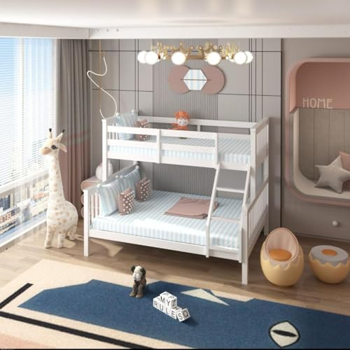 Bunk Bed for Kids – Double or Triple Sleeper, With or Without Mattress, Wooden Frame with Safety Rails & Ladder – Space-Saving Design (White, Triple without Mattress)