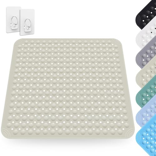 Duschmatte rutschfest 80 x 80 cm, Duscheinlage rutschfest, Antirutschmatte Dusche, Rutschmatte aus PVC, Waschmaschinenfest, für Dusche und Sauna, inkl. 2 Haken, Khaki