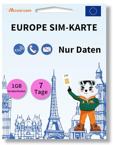 Daten-SIM-Karte für Europareisen, 7 Tage, 1 GB täglich für entsperrte Telefone, einfache Aktivierung, 4/5G-Hochgeschwindigkeitskommunikation, Abdeckung Aller europäischen Länder