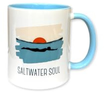 Wild Heart Free Spirit Saltwater Soul Ceramic Mug, 11oz, Baby Blue | Coffee & Tea Cup, Ocean Swim Design with Sunrise/Sunset & Female Silhouette, Baby Blue Handle & Inner, Dishwasher Safe