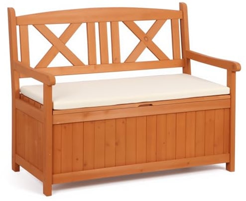 Panana 2-in-1 Wooden Garden Storage Bench, 2 Seater Patio Outdoor Bench with Cushion, Slatted Seat Loveseat Furniture for Porch, Balcony, Decking