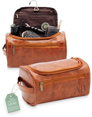 Abenteuernah Kulturtasche personalisiert, Kulturbeutel für Männer mit Namen, Geschenke für Papa Vatertag, Necessaire Leder mit Wunschnamen (Initialen)