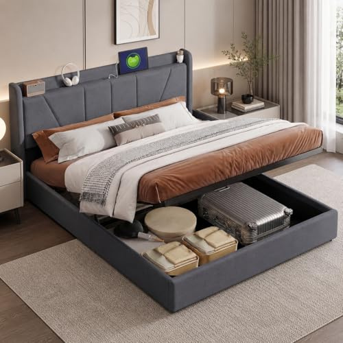 Hoscullo Polsterbett 140x200 cm mit Hydraulischem Stauraum, Boxspringbett mit Ablage am Kopfteil, Modernes Stauraumbett Stabil für Schlafzimmer & Stadtwohnung, Jugendbett, Leinen, Grau