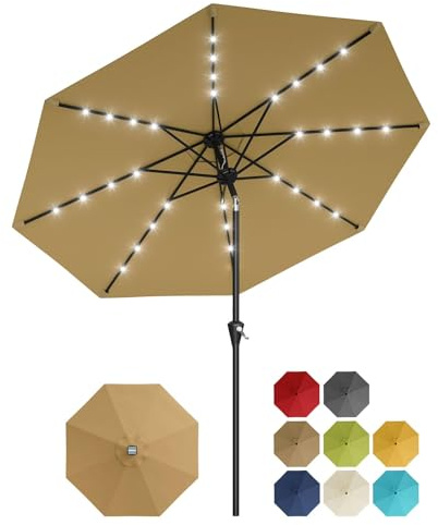 GarveeHome Ombrellone Da Giardino Solare 3 m Con 32 Luci LED, Protezione UV, Sollevamento a Manovella, Inclinazione Regolabile Con Pulsante, Per Terrazzo e Giardino