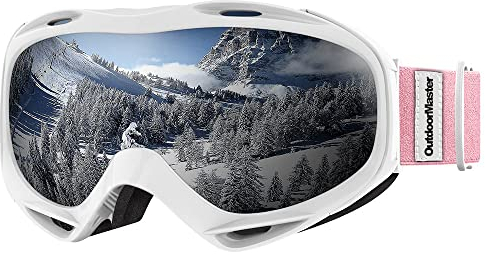 Premium Skibrille, Outdoormaster Snowboardbrille Schneebrille OTG 100% UV-Schutz, helmkompatible Ski Goggles für Damen&Herren/Jungen&Mädchen(Weißer Rahmen + VLT 10,2% graue Gläser)