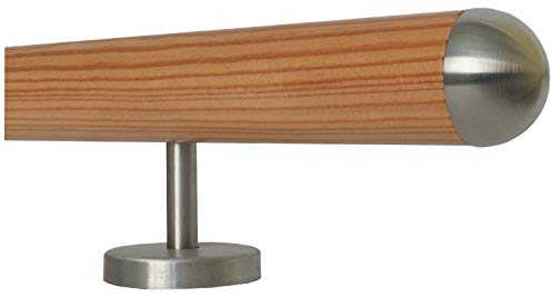 TIBU Lärche Holz Handlauf Geländer 30-500 cm Wandhandlaf Treppe Wand mit Edelstahl Halter, Länge 40 cm mit 2 Halter und Enden Halbrunde Edelstahlkappe