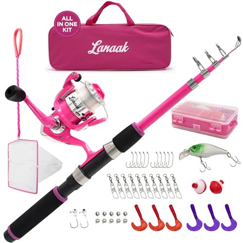 Lanaak Canne à pêche et boîte de matériel pour enfants – avec filet, sac de voyage, moulinet et guide du débutant – Kit canne et moulinet pour garçons, filles ou jeunes (rose – Moulinet ouvert)