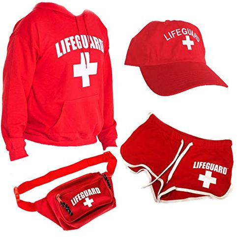 LIFEGUARD Offizielles Lizenzprodukt für Damen, Halloween-Kostüm, Hut, Shorts, Kapuzenpullover, Bauchtasche. - Rot - Medium