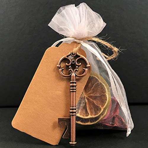 Blanc organza sachets + ouvre-bouteille en forme de clé + étiquette kraft. 20 pochettes en organza, le cadeau parfait pour les invités d'un événement : noce, baptême, communion, anniversaire, Noël…