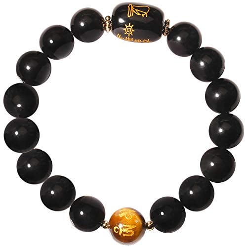 Jewboo Feng Shui Armband schwarzer Obsidian mit gelbem Tigerauge 12 mm Perlen Heilkristall Reichtum und Glück Armreif Unisex 17,8 cm, 18 cm, Stein, Obsidian