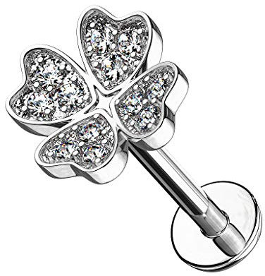 Taffstyle Piercing Stab Stecker Lippenpiercing Ohrpiercing Labret Lippe Ohr Tragus Helix Platte Stud Blume Kleeblatt mit Glitzer Kristall Silber 8mm