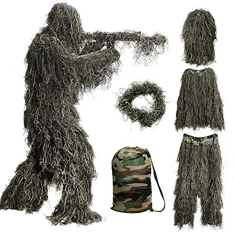 Bseical Ghillie Suit, Tarnanzug Jagd Wald - Wüste, Tarnkleidung Jagd Paintball Airsoft Sniper Camouflage Set Tarn Hose Jacke, Ghillie Zubehör Tarnumhang (Wald, Free)
