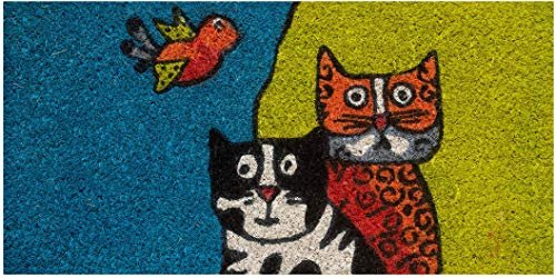 Baroni Home Handbemalte Fußmatte aus Platzsparendem Kokosnuss und Rutschfester Unterseite, Strapazierfähige und leicht zu reinigende Eingangsmatte, Katze und Vogel, 50x25 cm