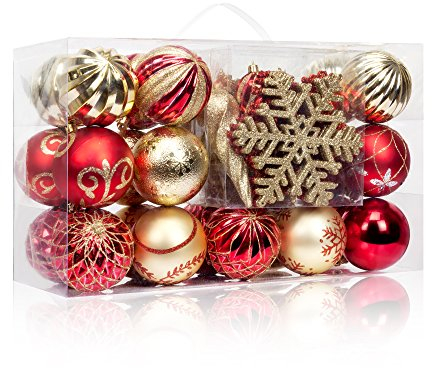 AMS Weihnachtskugel-Ornamente, 70 Karat, in einer wiederverwendbaren Handhelf-Geschenk-Box, Rot + Gold, 80 mm