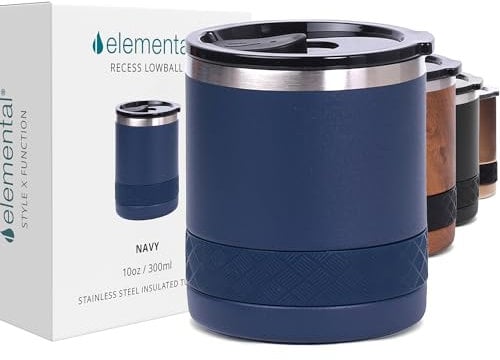 Elemental Lowball Insulated Tumbler - 300ml Coffee Mug - Stainless Steel Travel Mug - Triple Wall Coffee Cup Travel Mug - Non-Shattered Tritan Lid - Whiskey Glass - Navy Blue