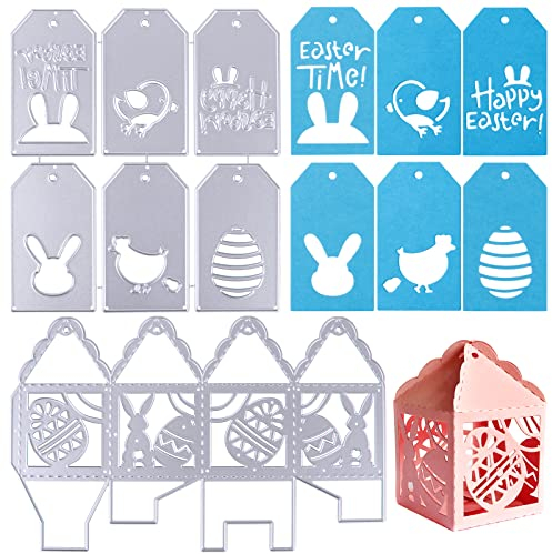 BHGT 2 Stk Ostern Stanzschablonen Boxen Stanzschablonen Schachteln Frohe Ostern Etikett Geschenkanhänger Metall Prägeschablonen Osterhase Eier Cutting Dies für DIY Scrapbooking Karten Handwerk