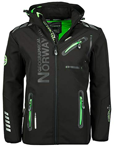 Geographical Norway ROYAUTE Veste softshell pour homme, Veste imperméable avec capuche, Coupe-vent d'extérieur, Veste tactique, Production de marque, noir/vert, L