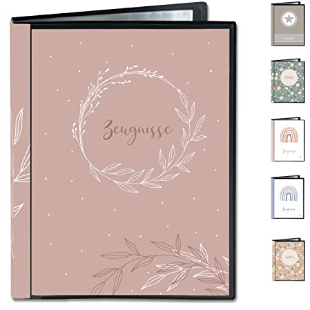 Minilino Zeugnismappe 20 Premium Klarsichthüllen A4 [SCHUTZ UND AUFBEWAHRUNG VON ZEUGNISSEN] Dokumentenmappe für Unterlagen in der Grundschule | Ordner für Zeugnisse - für Mädchen (Kranz rosa)