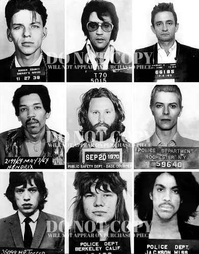 Most Famous Mugshots In Music 11 X 14 - Magnificent Mug Shot Photograph Collage - Rock and Roll - Most Wanted - Rare Photo Set - Poster Art Print