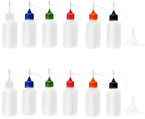XYSMZM 12 Pcs 1 Ounce Precision Tip Applicator Bottles, 30ML Needle Tip Glue Bottles for DIY Paper Quilling Craft, with 2 Mini Funnel, 6 Color Lids