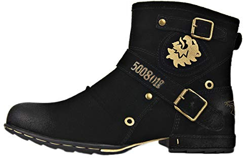 OSSTONE Chukka Stivali Cowboy Biker in Pelle Scivolare su Punta Quadrata Lunghezza di Vitello Tacco Western Uomo Stivali Invernali Piatto Caviglia Stivaletti Botas Boots 5008-1-IT Camoscio Nero 14