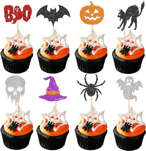 32 Stück Halloween Cupcake Toppers Glitzer Fledermaus Spinne Kürbis Geist Tortendeko für Baby Dusche Kinder Geburtstag Party Halloween Thema Party Cupcake Dekoration Zubehör