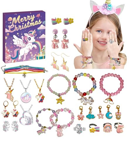 Adventskalender 2024 Mädchen,Adventskalender Schmuck Einhorn Geschenke für Mädchen 3 4 5 6 7 8 9 10 11 12 Jahre Kit Bracelet Weihnachtskalender 2024 Weihnachtsgeschenke Adventskalender zum Befüllen