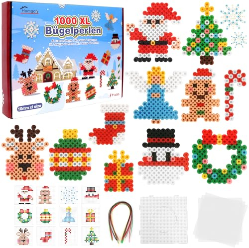 Homgaty 10MM Fuse Beads Kit - 1000 PCS XL Iron Beads for Kids, 12 Christmas Patterns, Ironing Paper, DIY Art Craft Toys, Water Fuse Set