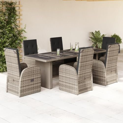 Gecheer 7-TLG. Polyrattan Sitzgruppe, Garten Essgruppe 6 Personen, Rattan Gartenmöbel Set, Balkon Möbel, Rattan Lounge Möbel Outdoor, Terrassenmöbel Set, Sitzgarnitur Gartengarnitur, Kissen, Grau
