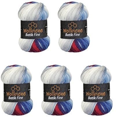 5 x 100g Wollbiene Batik Fine 500 Gramm Wolle mit Farbverlauf mehrfarbig Multicolor Strickwolle Häkelwolle (1540 blau dunkelrot weiß)