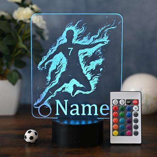 Optechvisual Personalisierte Fußball Lampe im Flammen-Design – LED Nachtlicht mit Name & Zahl – Geschenk für Fußballer, Jugendliche & Erwachsene – Tischlampe & Fußball Deko