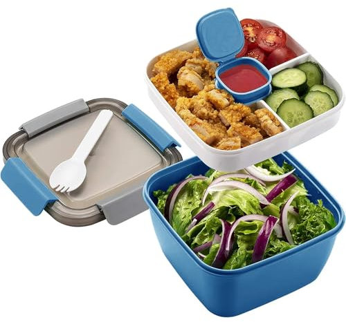 Roysmart Lunchbox Auslaufsichere Bento Box mit 1 Gabel, 1500ml Bento Box, Brotzeitbox Nachhaltig Auslaufsicher, 3 Fächer Salatbox-to-go für Schule,Arbeit,Picknick, Reisen,Camping