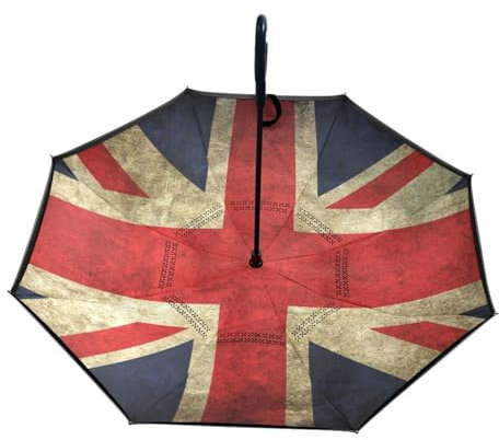 ISAOA Large Umbrella Inverted Umbrella Windproof Double Layer Construction Reversed Folding Umbrella for Car Rain Outdoor Use,C-Shaped Handle Umbrella Lovely British Flag Union Jack Umbrella