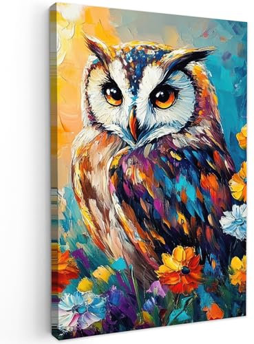 MuchoWow© Bild auf Leinwand Groß 80x120 cm XXL Schlafzimmer Bilder Badezimmer Wand Deko Wohnzimmer Modern Wanddeko Bilderwand Geschenk Eule - Blumen - Kunst - Sonnenuntergang