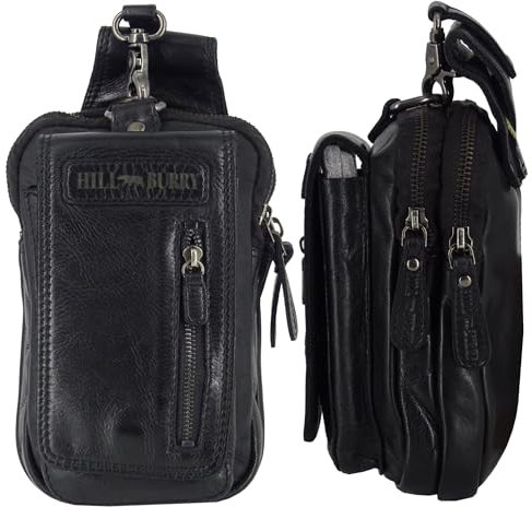 Hill Burry Echt-Leder Gürteltasche | Hüfttasche aus hochwertigem Leder | für Herren - Damen Wandertasche/Organizer | Partytasche Waschleder (Schwarz)