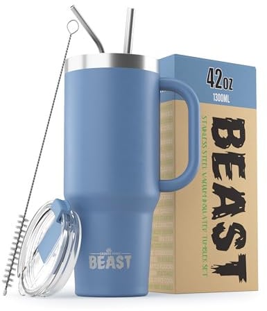 Beast Gobelet isotherme en acier inoxydable à double paroi pour café, glace - 1200 ml - Bleu ciel orageux