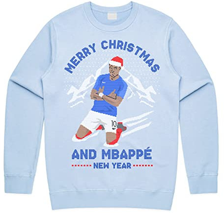 Sanfran Clothing Merry Christmas And Mbappe New Year Christmas Sweatshirt Xmas France Funny Football World Cup Jumper Sweater Age 9 / Light Blue