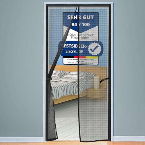 HONGTAISHENG Fliegengitter Tür Magnet, 100x205cm Insektenschutz Balkontür Automatisches Schließen, Fliegenvorhang Ohne Bohren für Wohnzimmer Schiebetür Terrassentür, Katzenkrallen Sicher, Schwarz