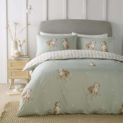 Fusion Hattie The Cockapoo Bettbezug – Einzelbettgröße (140 x 200 cm) – wendbare Designs (Gingham) – 1 Kissenbezug – grüne Bettwäsche mit Hunden – kariert/Karierter Bettbezug in Natur