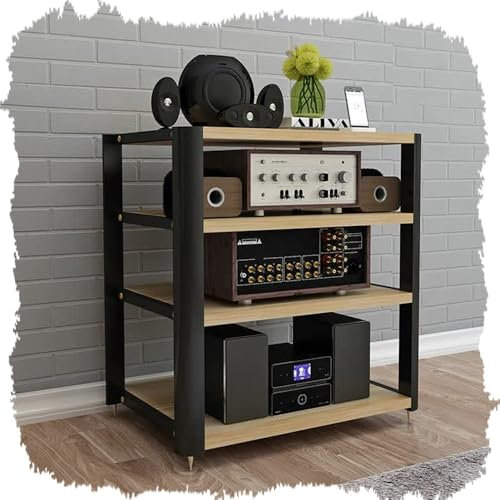 IMUNKT Audio-Video-Regal HiFi Rack 2 3 4 Stufiger Medienständer Mit Rädern, Stereo-Komponenten Schrank, Plattenspieler/TV-Box/WLAN-Router/DVD Audioständer(Walnut,4 Tier)