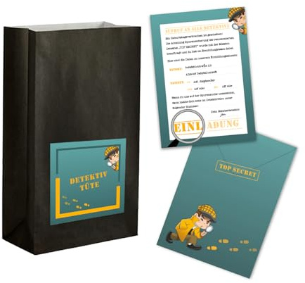 EventBoxx 12 x Detektiv Einladungskarten Kindergeburtstag Mädchen, Jungen mit oder ohne Partytüte | Hochwertige Karten mit Top Secret Detektiv-Motiv (Einladung, Partytüte)