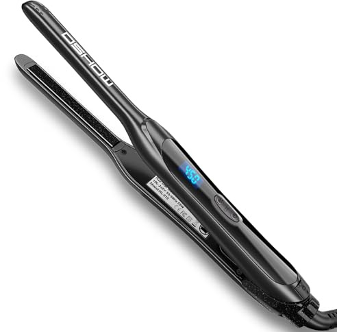 DSHOW Pencil Flat Iron, 3/10 Small Flat Irons for Short Hair, Pixie Cut & Bangs, Anti-Scald Mini Hair Straightener with Glove, Dual Voltage, Adjustable Temp 250-450℉, Auto Shut Off (Black)