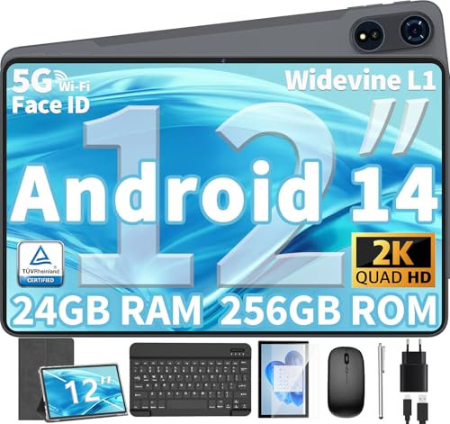 JJGJ Tablet 12 Zoll Android 14 Tablet, 24GB(8+16) RAM+256 Storage(Expand to 1TB), Android Tablet mit Tastatur, Octa-Core, 2K 2000x1200 Display, 16MP Dual Kamera, 8000mAh, 5G WiFi,GPS (Silber)