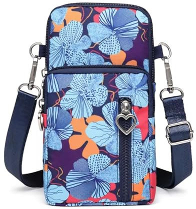 Narunii Petit Sac Téléphone Portable Femme,Sac de téléphone Portable,Bandoulière Portefeuille Poche,Crossbody Pochette Sacoche Running (Fleurs Bleues)