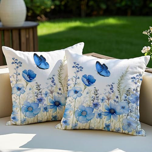 Vorysum 2er Set Outdoor Kissen Blau Blumen Dekokissen Wetterfest Kissenbezug Sommer Modern Kissenbezüge für Garten Sofa Couch Wohnzimmer Schlafzimmer Doppelseitiges Muster 45x45 cm