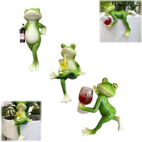 3 Stück Gartendeko Frösche, Blumentopfhänger Frosch Dekofiguren, Deko Grüner Frosch Blumentopfhänger Figuren, Balkon Garten Topfdeko (A)