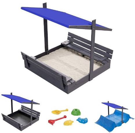 QLS Sandkasten aus Holz 120x120 cm mit Sitzbank Dach und Abdeckung imprägniert für Garten (Blau, 120 cm)