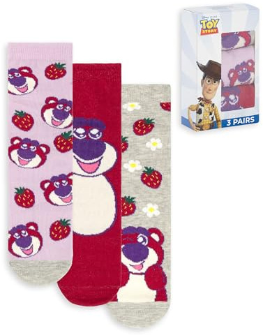 Disney Toy Story Womens Lotso Calf Socks Set of 3 | Striped & Floral Design in Purple, Red, Grey | Everyday Wear | Comfortable Footwear Merch